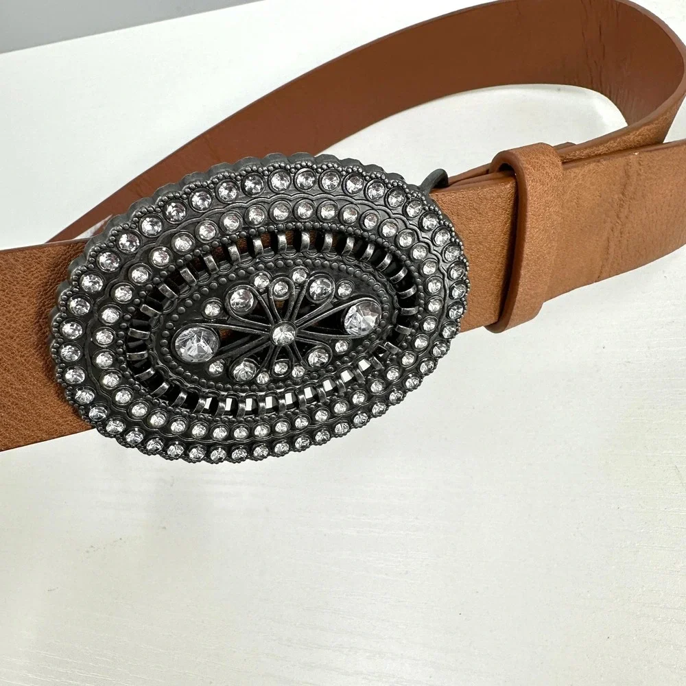 Cognac Brown Faux Leather Belt Oversized Rhinestone Western Buckle Size 5